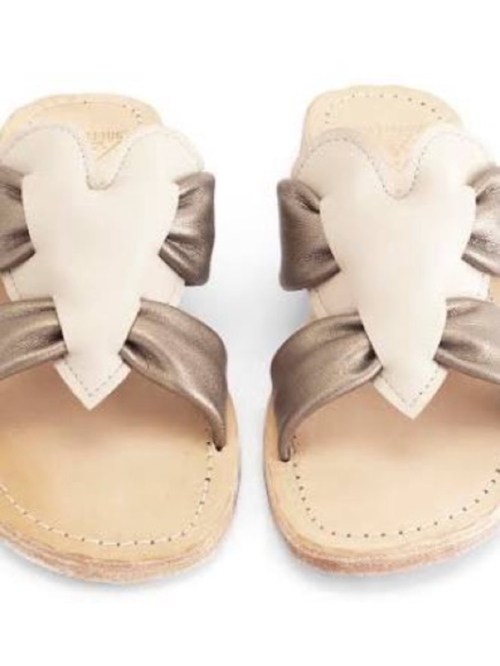 John Fluevog Cream and Metallic Bronze Heart Sandals